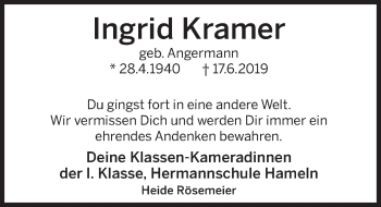 Traueranzeige von Ingrid Kramer von Deister- und Weserzeitung