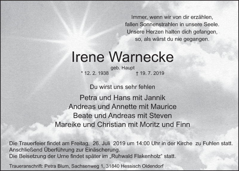  Traueranzeige für Irene Warnecke vom 23.07.2019 aus Deister- und Weserzeitung
