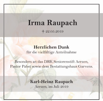 Traueranzeige von Irma Raupach von Deister- und Weserzeitung