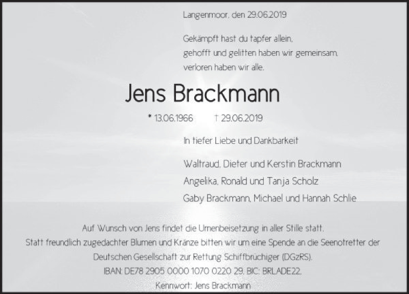  Traueranzeige für Jens Brackmann vom 10.07.2019 aus Deister- und Weserzeitung