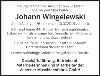 Traueranzeige von Johann Wingelewski von Deister- und Weserzeitung