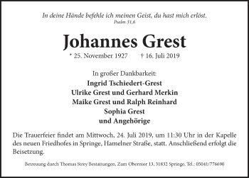 Traueranzeige von Johannes Grest von Neue Deister-Zeitung