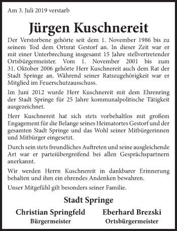 Traueranzeige von Jürgen Kuschnereit von Neue Deister-Zeitung