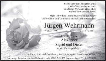Traueranzeige von Jürgen Wehrmann von Deister- und Weserzeitung