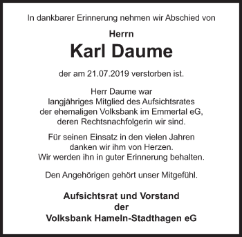 Traueranzeige von Karl Daume von Deister- und Weserzeitung