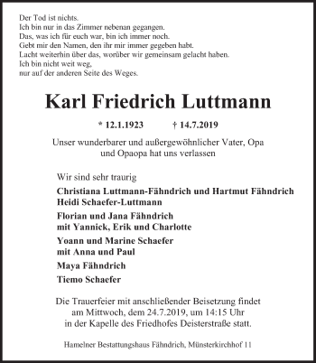 Traueranzeige von Karl Friedrich Luttmann von Deister- und Weserzeitung