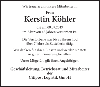 Traueranzeige von Kerstin Köhler von Deister- und Weserzeitung