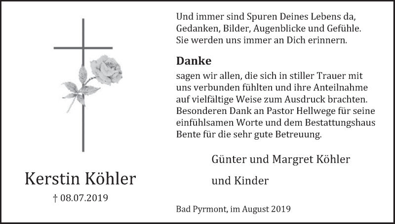  Traueranzeige für Kerstin Köhler vom 03.08.2019 aus Deister- und Weserzeitung