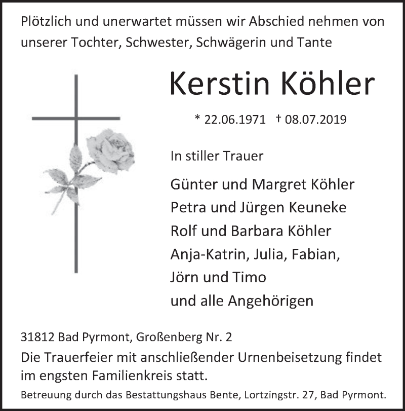  Traueranzeige für Kerstin Köhler vom 10.07.2019 aus Deister- und Weserzeitung