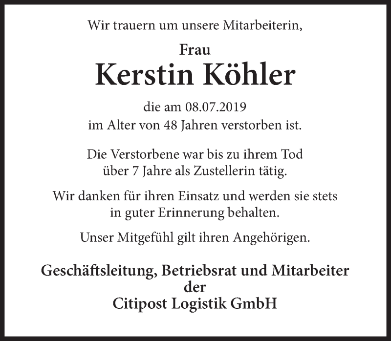  Traueranzeige für Kerstin Köhler vom 13.07.2019 aus Deister- und Weserzeitung