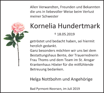 Traueranzeige von Kornelia Hundertmark von Deister- und Weserzeitung