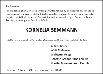 Traueranzeige von Kornelia Semmann von Deister- und Weserzeitung