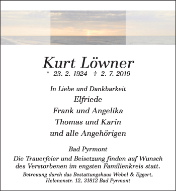 Traueranzeige von Kurt Löwner von Deister- und Weserzeitung