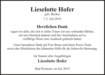 Traueranzeige von Lieselotte Hofer von Deister- und Weserzeitung