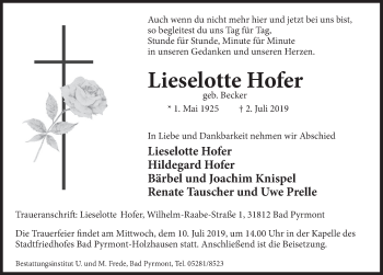 Traueranzeige von Lieselotte Hofer von Deister- und Weserzeitung