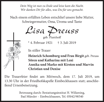 Traueranzeige von Lisa Preuss 