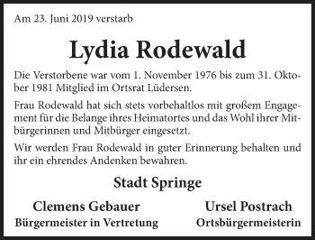 Traueranzeige von Lydia Rodewald von Neue Deister-Zeitung