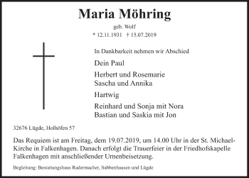 Traueranzeige von Maria Möhring von Deister- und Weserzeitung