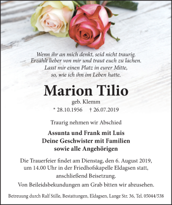 Traueranzeige von Marion Tilio von Neue Deister-Zeitung