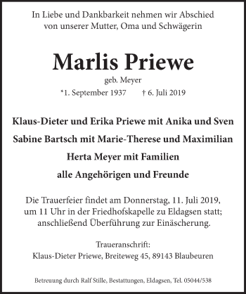 Traueranzeige von Marlis Priewe von Neue Deister-Zeitung