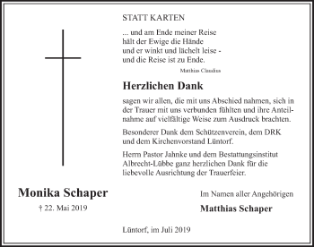 Traueranzeige von Monika Schaper von Deister- und Weserzeitung