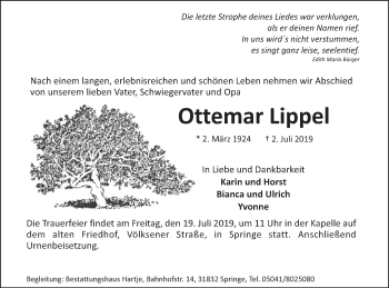 Traueranzeige von Ottemar Lippel von Neue Deister-Zeitung