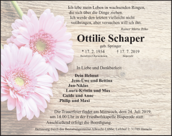 Traueranzeige von Ottilie Schaper von Deister- und Weserzeitung