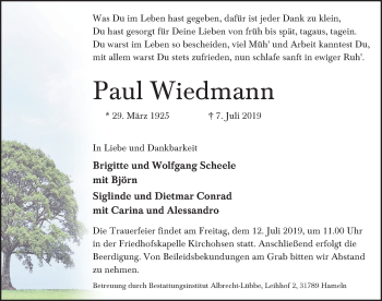 Traueranzeige von Paul Wiedmann von Deister- und Weserzeitung