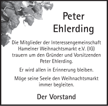 Traueranzeige von Peter Ehlerding von Deister- und Weserzeitung