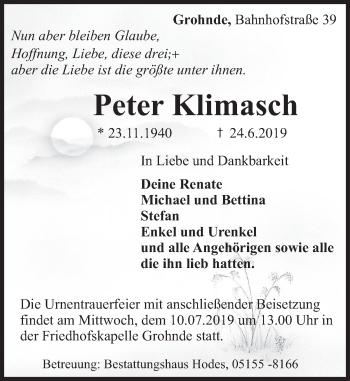 Traueranzeige von Peter Klimasch von Deister- und Weserzeitung