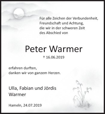 Traueranzeige von Peter Warmer von Deister- und Weserzeitung
