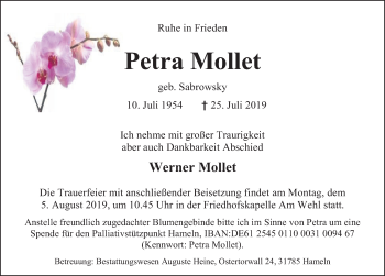 Traueranzeige von Petra Mollet von Deister- und Weserzeitung