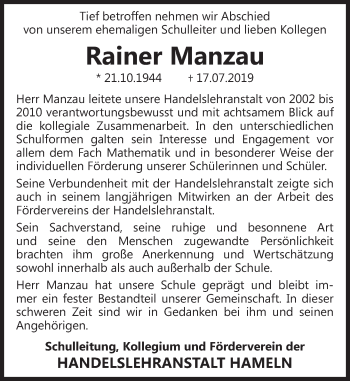 Traueranzeige von Rainer Manzau von Deister- und Weserzeitung