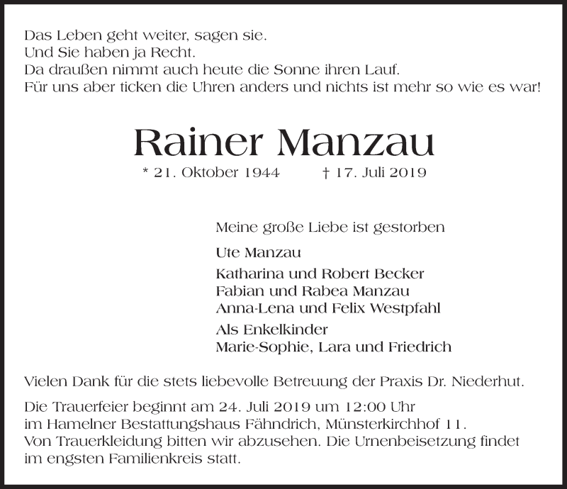  Traueranzeige für Rainer Manzau vom 20.07.2019 aus Deister- und Weserzeitung