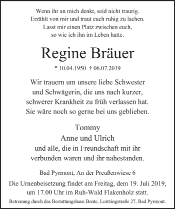Traueranzeige von Regine Bräuer von Deister- und Weserzeitung