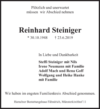 Traueranzeige von Reinhard Steiniger von Deister- und Weserzeitung