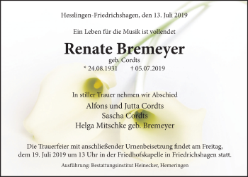 Traueranzeige von Renate Bremeyer von Deister- und Weserzeitung