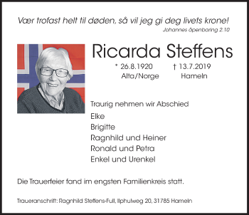 Traueranzeige von Ricarda Steffens von Deister- und Weserzeitung