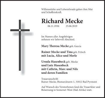 Traueranzeige von Richard Mecke von Deister- und Weserzeitung