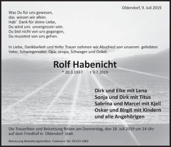 Traueranzeige von Rolf Habenicht von Deister- und Weserzeitung