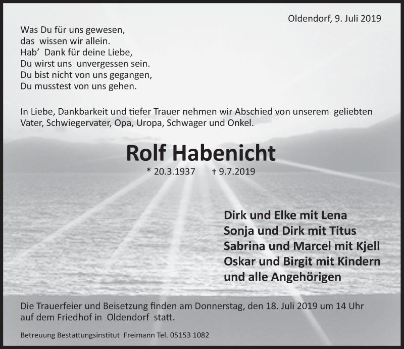  Traueranzeige für Rolf Habenicht vom 13.07.2019 aus Deister- und Weserzeitung