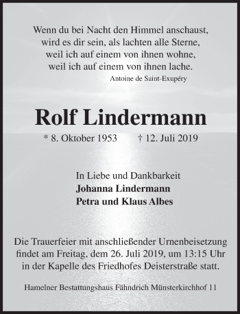 Traueranzeige von Rolf Lindermann von Deister- und Weserzeitung