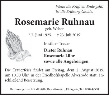 Traueranzeige von Rosemarie Ruhnau von Neue Deister-Zeitung