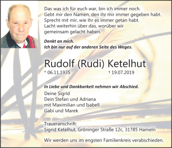 Traueranzeige von Rudolf Ketelhut von Deister- und Weserzeitung