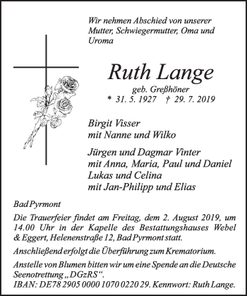 Traueranzeige von Ruth Lange von Deister- und Weserzeitung