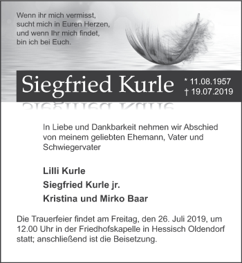 Traueranzeige von Siegfried Kurle von Deister- und Weserzeitung