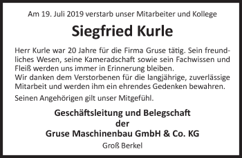 Traueranzeige von Siegfried Kurle von Deister- und Weserzeitung