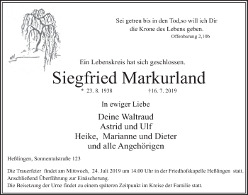 Traueranzeige von Siegfried Markurland von Deister- und Weserzeitung