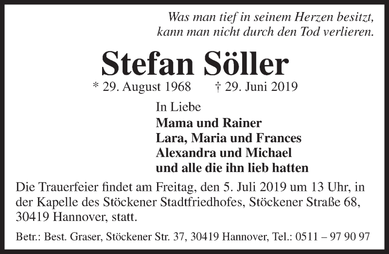  Traueranzeige für Stefan Söller vom 02.07.2019 aus Deister- und Weserzeitung