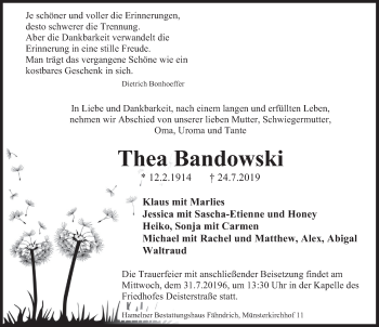 Traueranzeige von Thea Bandowski von Deister- und Weserzeitung